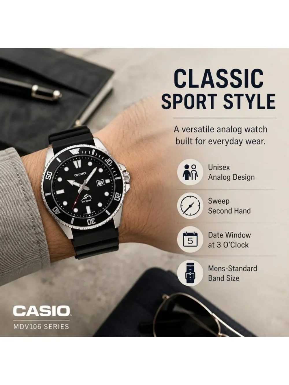 Unisex Black Stainless Steel Case Resin Band 2 Hand Analog Date Display Watches